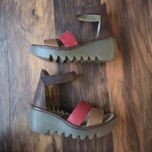 Fly London Stylish Brown and Red Wedge Sandals